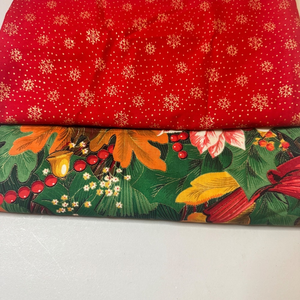 Concord Woodland Christmas Fabric Red Gold Snowflake Poinsettia 2pc Lot 2.75yd